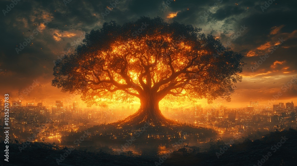 the great tree of life covering the city at sunset, wallpaper