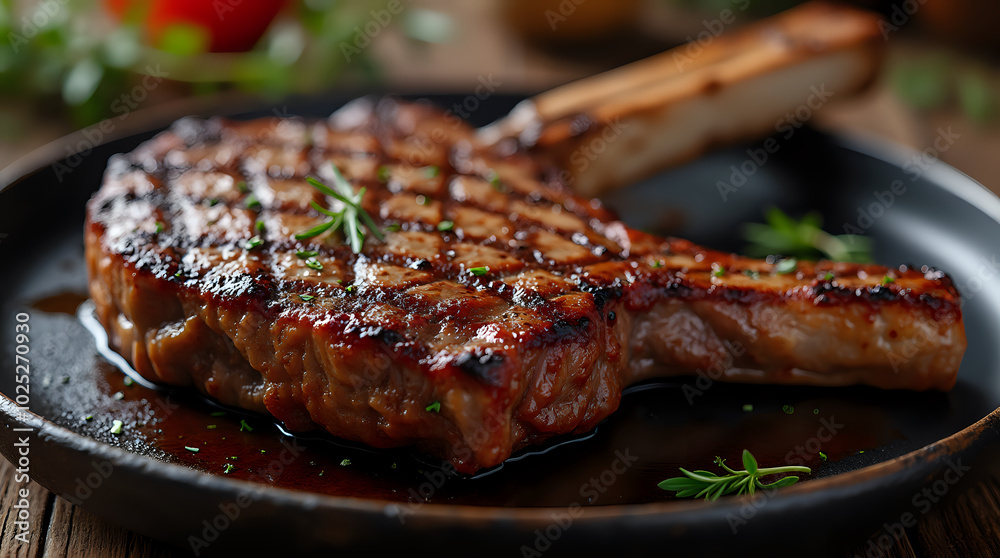 A perfectly grilled T-bone steak, a succulent beef steak served on a wooden black plate. A perfectly grilled T-bone steak, a succulent beef steak served on a wooden black plate.