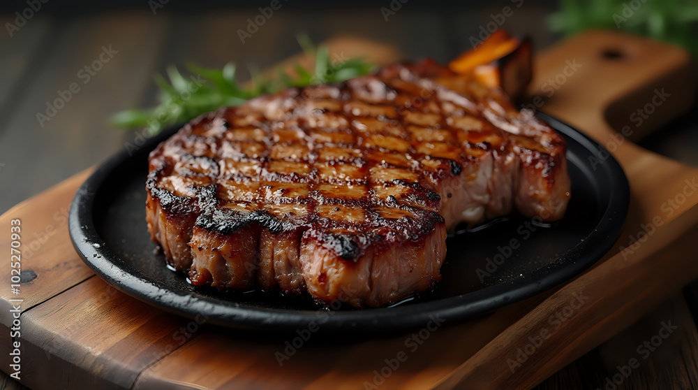 A perfectly grilled T-bone steak, a succulent beef steak served on a wooden black plate. A perfectly grilled T-bone steak, a succulent beef steak served on a wooden black plate.