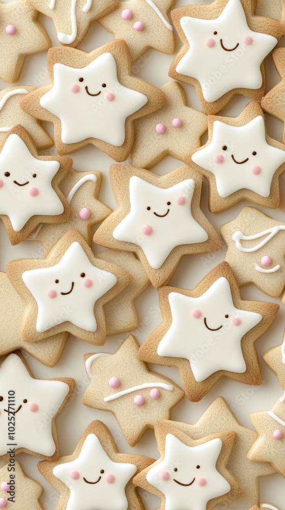 A delightful display of cute gingerbread star cookies with white icing and pink sprinkles, resembling snow peaks, on a soft fur surface, enhanced by red Christmas decorations A delightful display of cute gingerbread star cookies with white icing and pink sprinkles, resembling snow peaks, on a soft fur surface, enhanced by red Christmas decorations