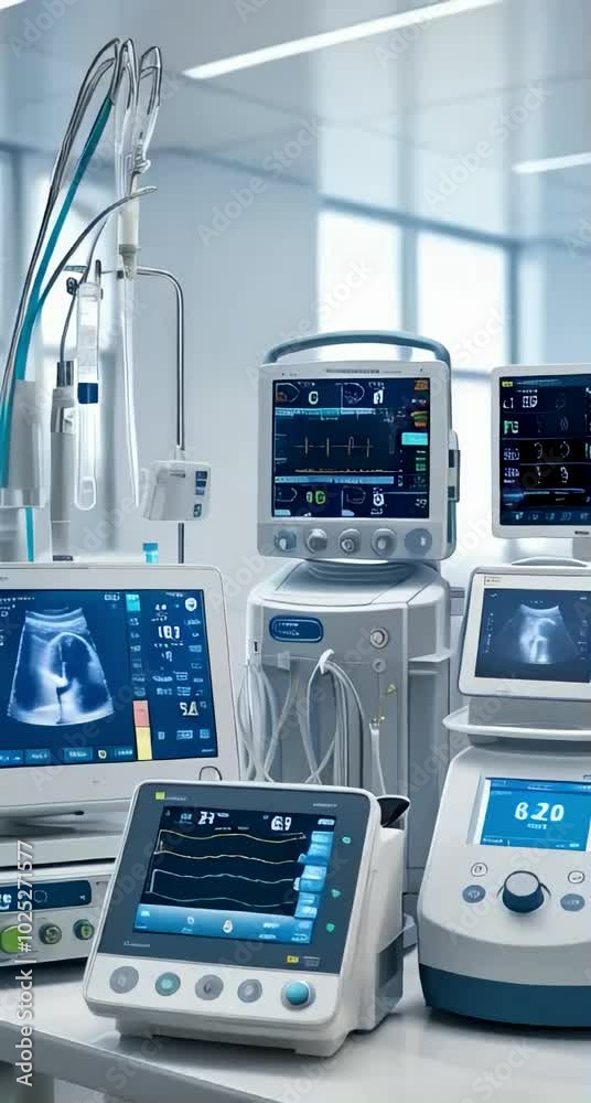 modern medical devices in a clinical setting a ventilator, patient monitor displaying vital signs, an ultrasound machine, and a digital infusion pump modern medical devices in a clinical setting a ventilator, patient monitor displaying vital signs, an ultrasound machine, and a digital infusion pump