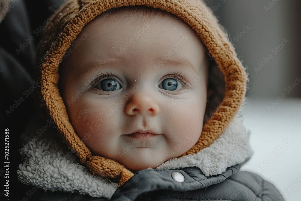 Close-up portrait of a baby with big blue eyes wearing a brown knit hat Close-up portrait of a baby with big blue eyes wearing a brown knit hat