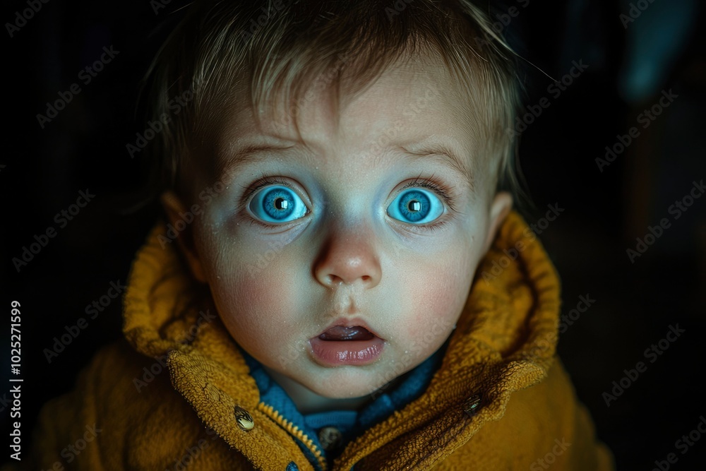 Close-up Portrait of a Toddler with Wide Blue Eyes and Open Mouth Close-up Portrait of a Toddler with Wide Blue Eyes and Open Mouth