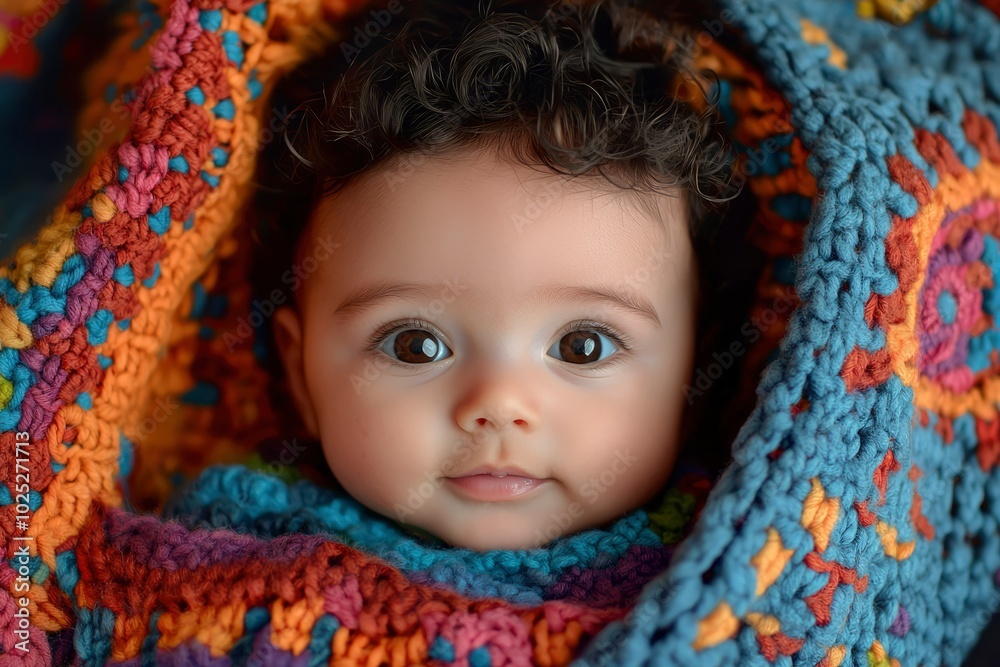 Close-up Portrait of a Baby with Curly Hair Wrapped in a Colorful Knit Blanket Close-up Portrait of a Baby with Curly Hair Wrapped in a Colorful Knit Blanket