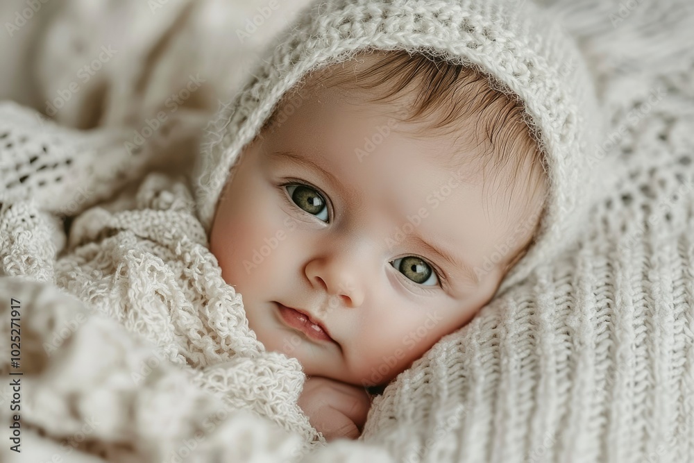 Close-up of a Baby's Face with Green Eyes Nestled in a Knit Blanket Close-up of a Baby's Face with Green Eyes Nestled in a Knit Blanket