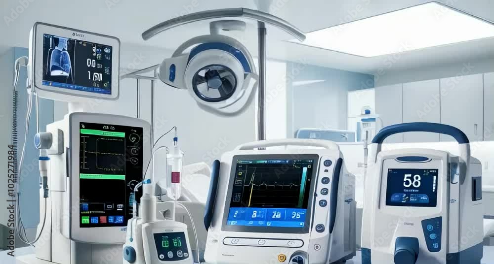 modern medical devices in a clinical setting a ventilator, patient monitor displaying vital signs, an ultrasound machine, and a digital infusion pump
