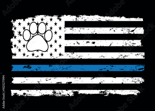 Police K-9 paw with Thin Blue Line vintage flag, K9 Police Dog.