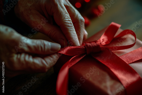 Elderly hands carefully tying a red ribbon around a beautifully wrapped gift