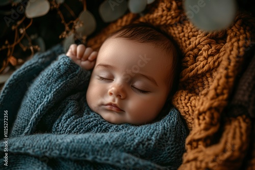 Close-up of a Sleeping Infant Wrapped in Blue Knitted Blanket