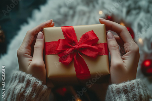 Person with a beautifully wrapped gift and red ribbon for holidays