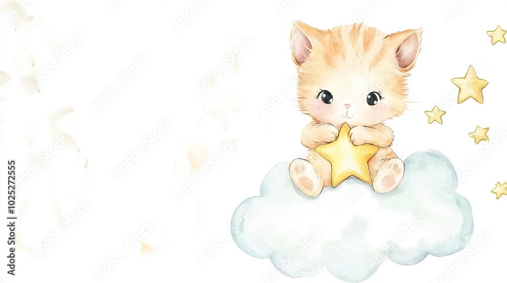 Watercolor kitten on cloud with star in paws Watercolor kitten on cloud with star in paws