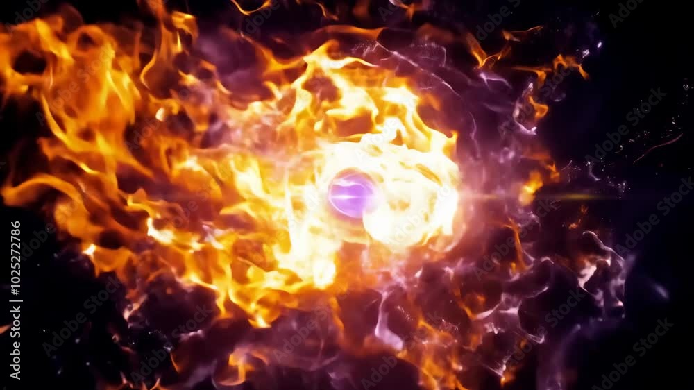 Magic light, energy sphere with fire and lightnings on black background. Flame fiery with glow and burn effect. Animated effect ready for design
