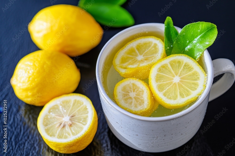 Warm lemon water with fresh slices of lemon floating in a cup, symbolizing a simple morning detox ritual Warm lemon water with fresh slices of lemon floating in a cup, symbolizing a simple morning detox ritual