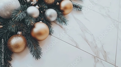 A stunning garland adorned with bronze and silver Christmas ornaments gracefully decorates a staircase, complemented by sleek white tiles in a cozy home setting © lililia