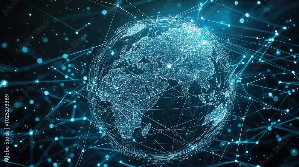A digital model of Earth illuminated by glowing connections, representing global networks and data flow in a vibrant, high-tech style. A digital model of Earth illuminated by glowing connections, representing global networks and data flow in a vibrant, high-tech style.