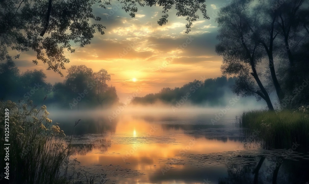Dawn over a fog covered lake Dawn over a fog covered lake