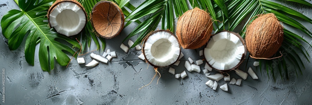 Coconuts and Leaves on a White Surface