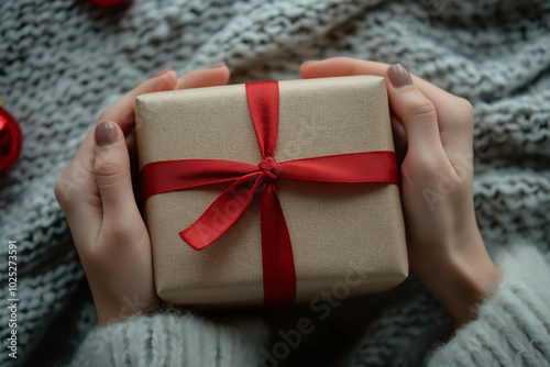 Person holding a beautifully wrapped gift on a cozy knit blanket during winter