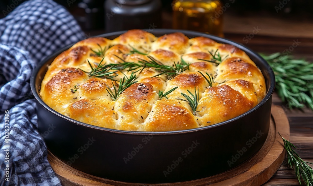 Delicious focaccia bread in pan and served on table Delicious focaccia bread in pan and served on table