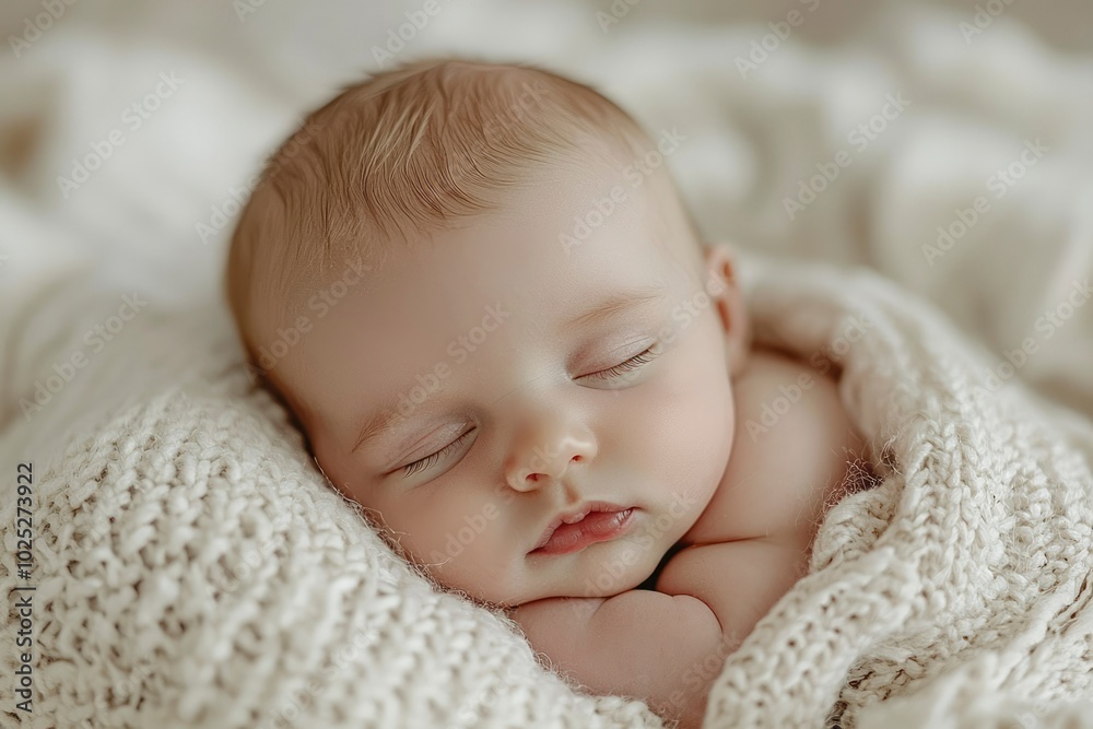 Newborn Baby Sleeping Peacefully on a White Knit Blanket Newborn Baby Sleeping Peacefully on a White Knit Blanket