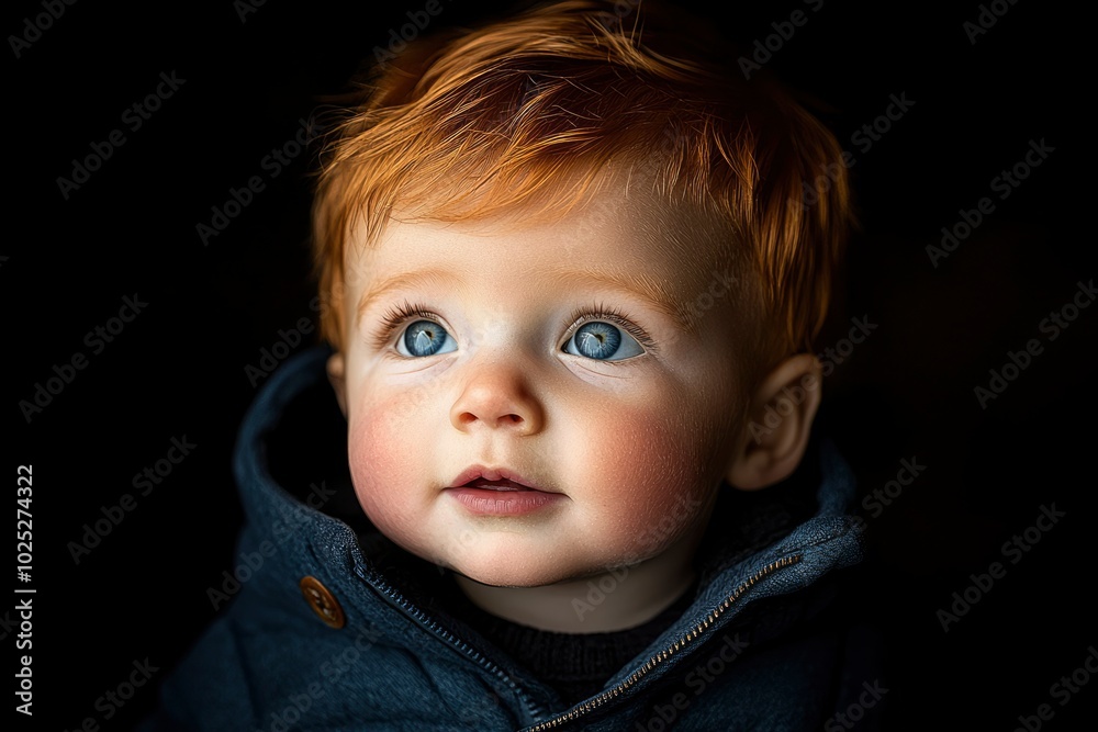 Close-up portrait of a young boy with red hair and blue eyes, looking upwards Close-up portrait of a young boy with red hair and blue eyes, looking upwards
