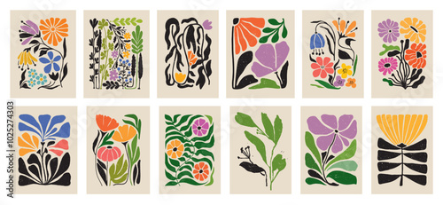 Botanical doodle background. Trendy abstract floral art vector set. Matisse style minimalist botanical shape. Modern boho flower, leaves doodle design for print, wallpaper, wall art, home decoration. 