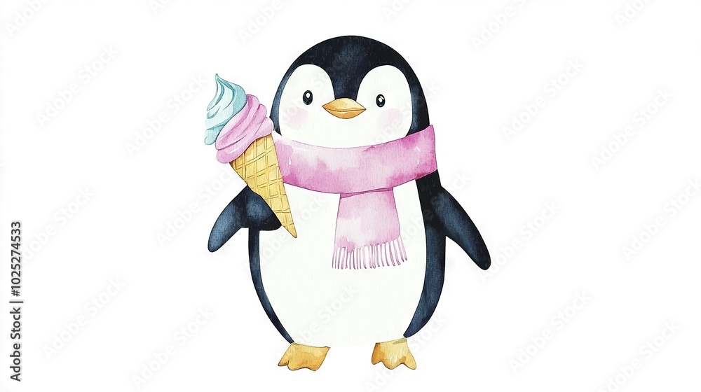 Obraz premium A penguin with a pink scarf and an ice cream cone is holding the ice cream cone in its paws