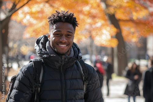 Smiling Man with Dreadlocks in a Black Puffer Jacket