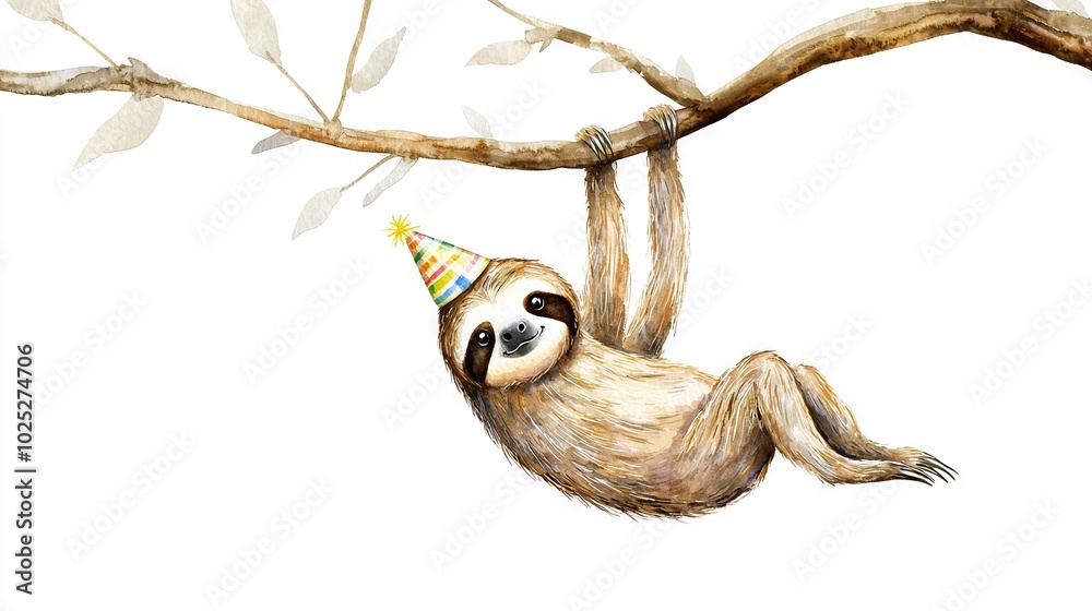 Fototapeta premium A sketch of a slotty wearing a birthday hat on a tree branch with a party hat on its head