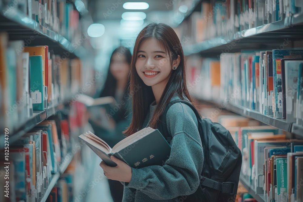 A Young Woman Holding a Book in a Library A Young Woman Holding a Book in a Library