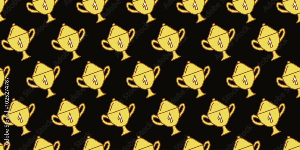 Seamless Pattern of Golden trophy Cups with Number One on Black Background. Concept of Success, Achievement, Award Trophies, Winning, victory, prize, first place award. Wallpaper, Textile, Print Seamless Pattern of Golden trophy Cups with Number One on Black Background. Concept of Success, Achievement, Award Trophies, Winning, victory, prize, first place award. Wallpaper, Textile, Print