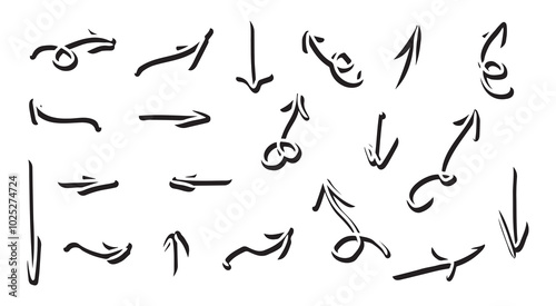 Set of hand-drawn curved volumetric black arrows isolated on a white background. Concept of direction, navigation, pointers, movement. Design elements and symbols. Collection in doodle style