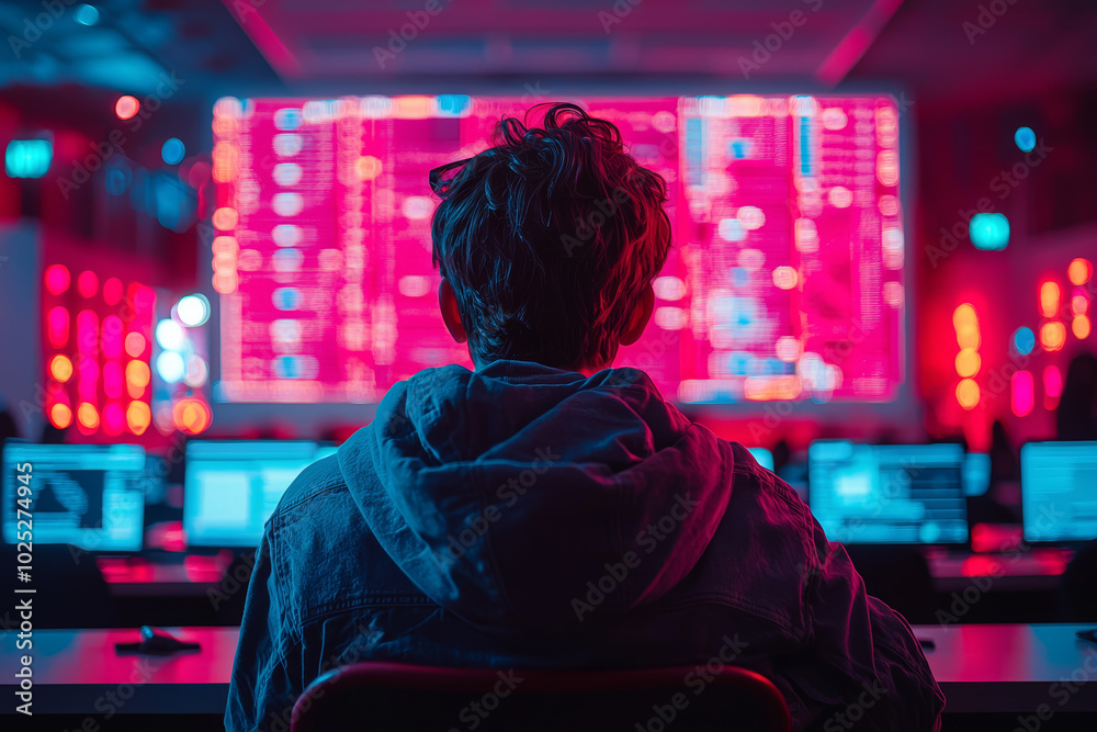 Fototapeta premium A student learning about cybersecurity in a classroom, symbolizing the growing importance of education in this field. Concept of cybersecurity education.