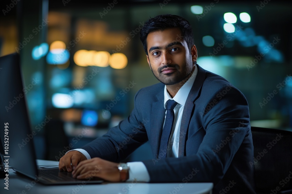 Man dressed in formal attire sits at desk in corporate office. Dark suit, tie, and laptop on cluttered workspace. Soft light creates calm atmosphere for focus and productivity. Man dressed in formal attire sits at desk in corporate office. Dark suit, tie, and laptop on cluttered workspace. Soft light creates calm atmosphere for focus and productivity.