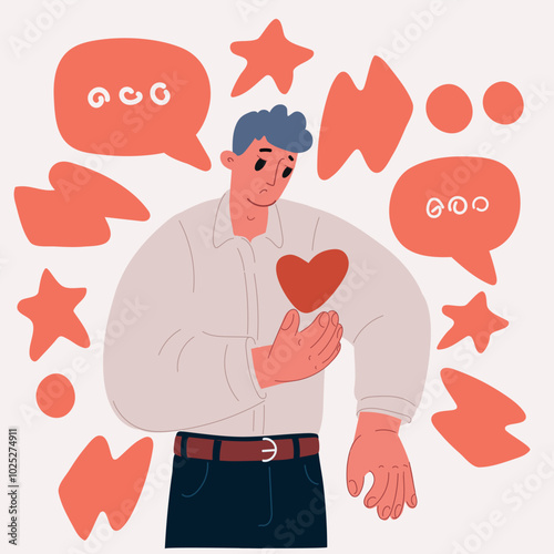 Cartoon vector illustration of a man holding his heart, feeling unwell