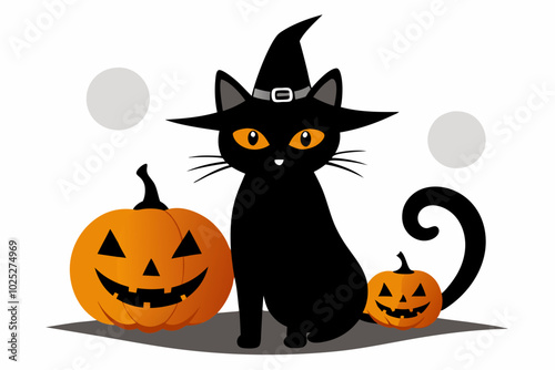 Black cat background with pumpkins and witch hat - Halloween Background illustration.white background