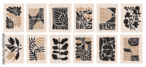 Botanical doodle background. Trendy abstract floral art vector set. Matisse style minimalist botanical shape. Modern boho flower, leaves doodle design for print, wallpaper, wall art, home decoration. 