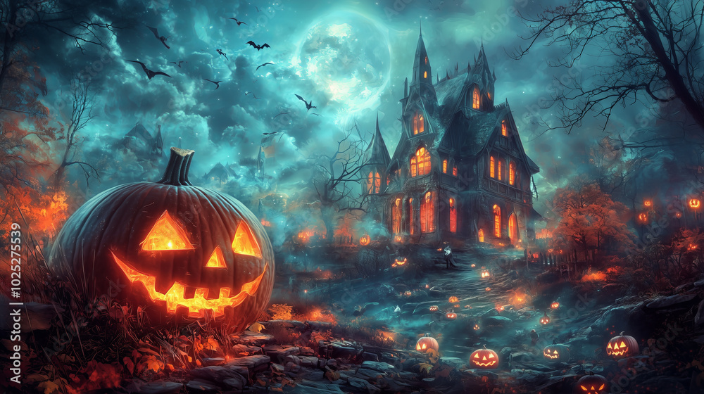 A glowing jack-o'-lantern sits in front of a haunted house on a moonlit Halloween night. A glowing jack-o'-lantern sits in front of a haunted house on a moonlit Halloween night.