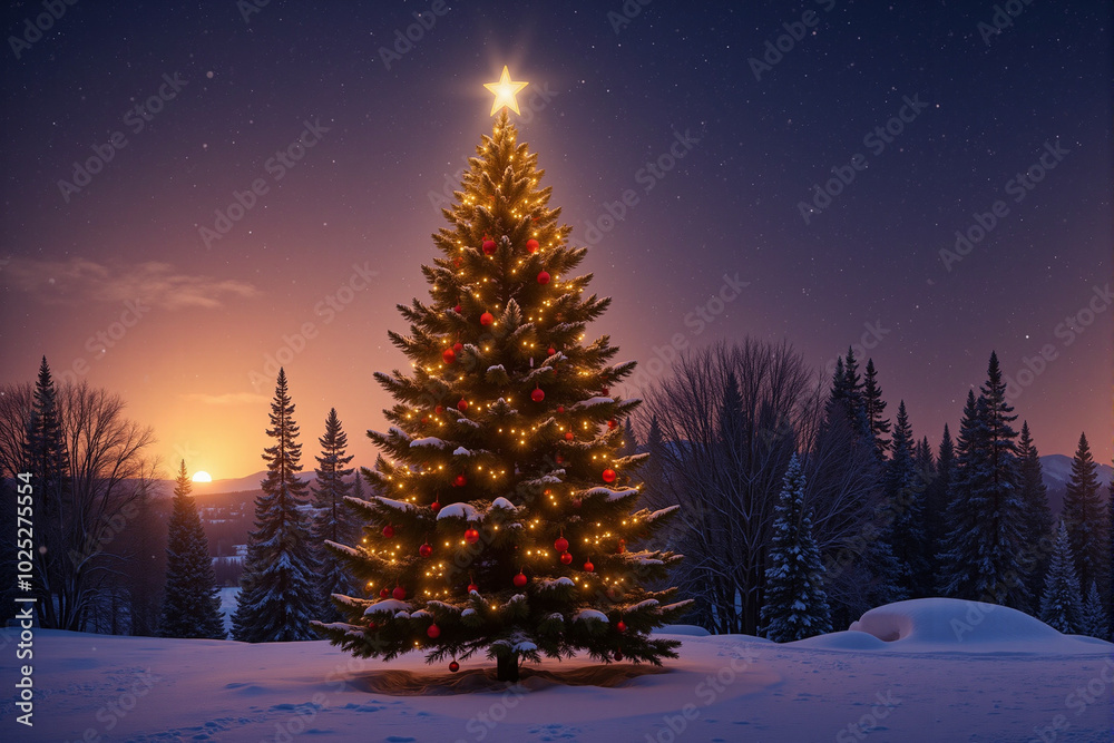 Majestic illuminated Christmas tree standing tall in snowy forest against starry twilight sky Majestic illuminated Christmas tree standing tall in snowy forest against starry twilight sky
