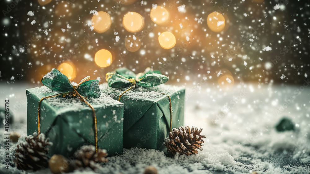 A beautifully wrapped green Christmas gift surrounded by pinecones and soft snowfall, perfect for the holiday season A beautifully wrapped green Christmas gift surrounded by pinecones and soft snowfall, perfect for the holiday season