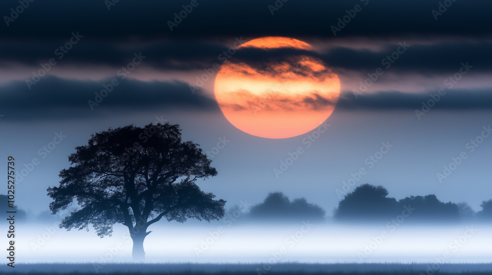 Silhouetted tree in misty field with a large, orange sun.