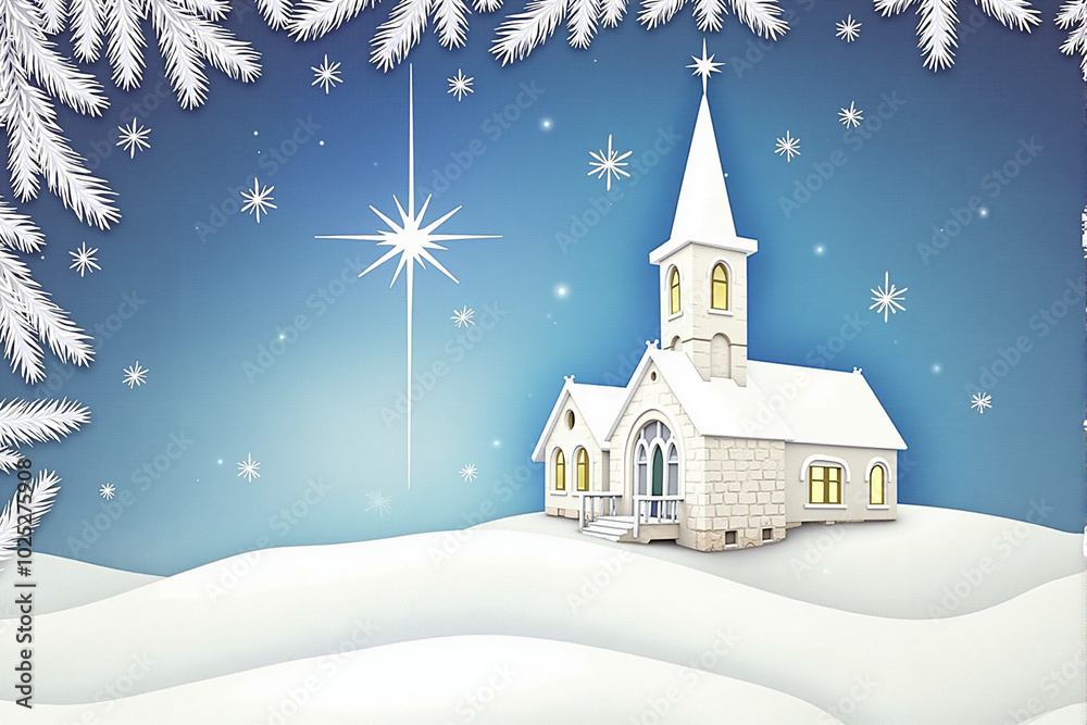 Fototapeta premium Serene white church in snowy landscape with starry night sky