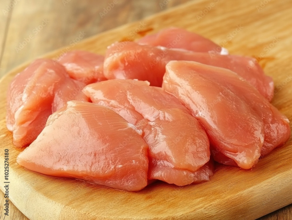 Raw chicken fillets on a cutting board against the background of a wooden table. Meat ingredients for cooking. Raw chicken fillets on a cutting board against the background of a wooden table. Meat ingredients for cooking.