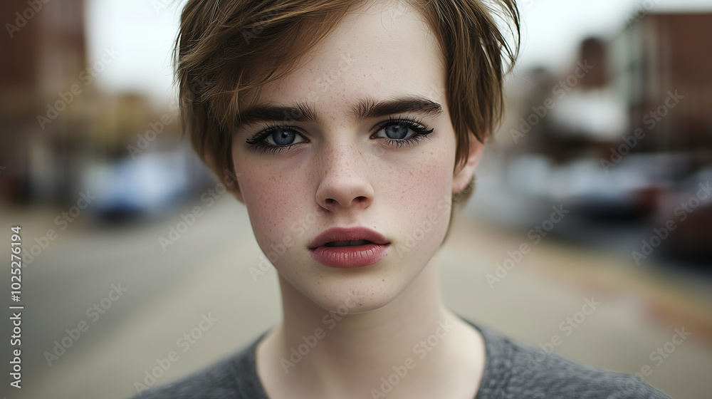 custom made wallpaper toronto digitalPortrait of young woman with short brown hair, blue eyes and freckles.