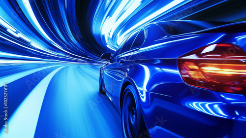 A sleek blue car speeding through a tunnel of glowing blue and white lights.