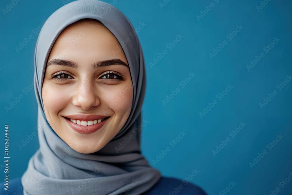 Smiling Woman in Headscarf Against Blue Background Smiling Woman in Headscarf Against Blue Background