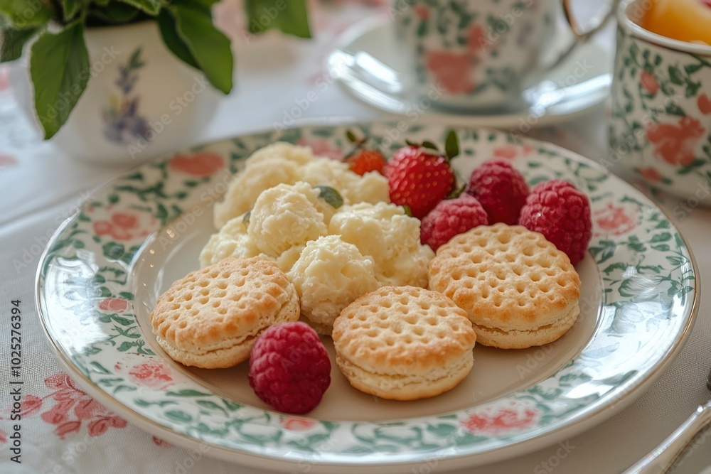 A Plate of Sweet Treats with Biscuits, Cream, Berries, and a Floral Pattern A Plate of Sweet Treats with Biscuits, Cream, Berries, and a Floral Pattern