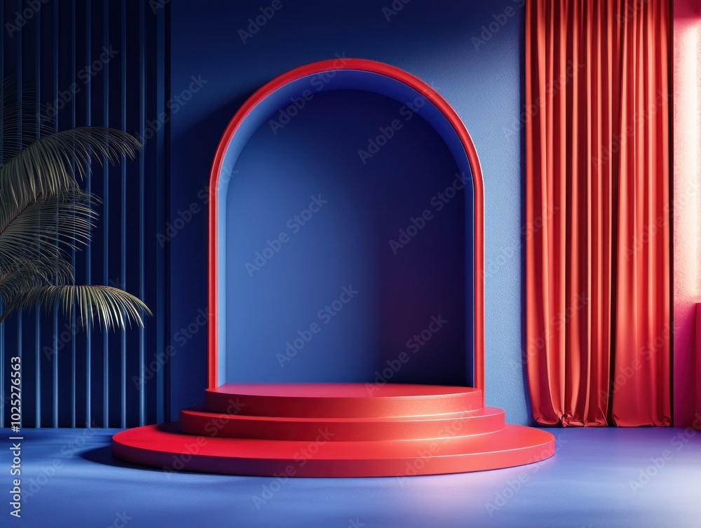 Realistic indoor scene with a blue background, a vibrant red curtain on the right side, product podium centered on a red table, soft lighting, Realistic indoor scene with a blue background, a vibrant red curtain on the right side, product podium centered on a red table, soft lighting,