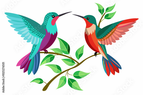 Hummingbirds with a tree branch silhouette realistic high-resolution smooth vector illustration design on a white background