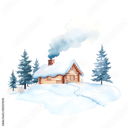 Cozy log cabin in snow, smoke rising, surrounded by evergreen trees. transparent background